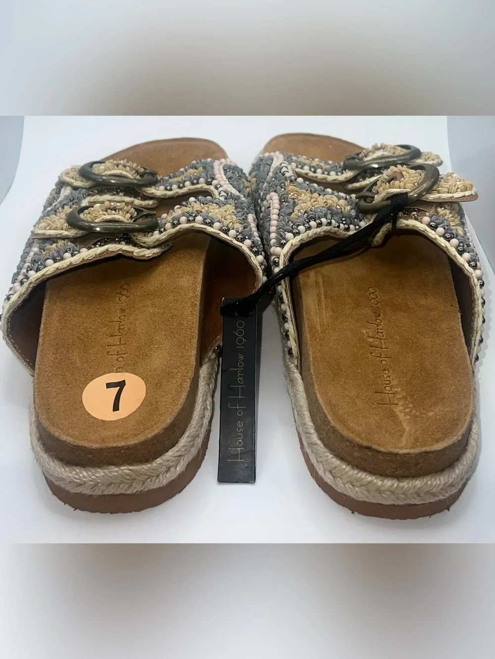 House of Harlow 1960 Beaded Slide Sandals in Beige & Gray